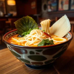 A bowl of gourmet ramen featuring fresh noodles and rich broth.