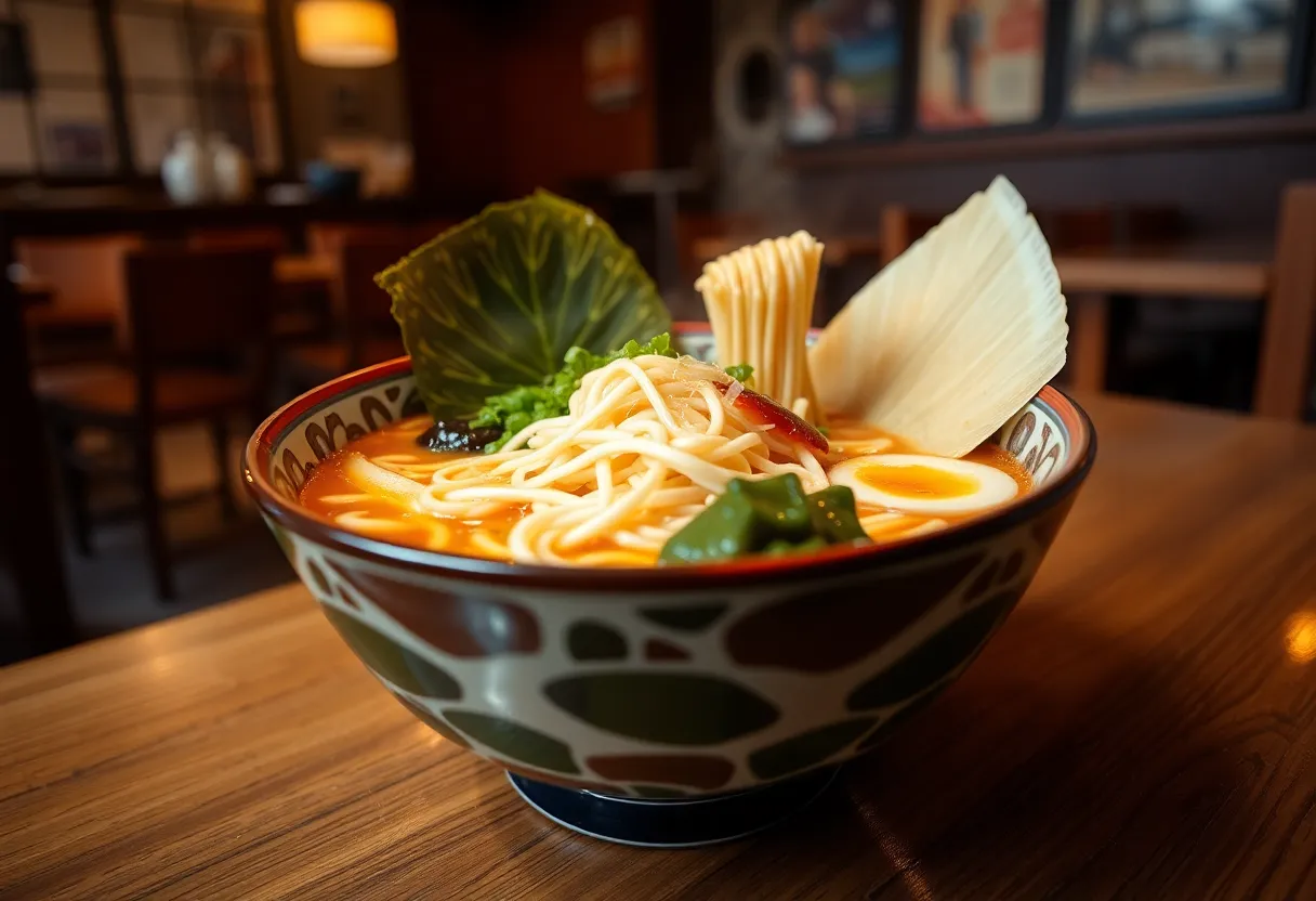 A bowl of gourmet ramen featuring fresh noodles and rich broth.