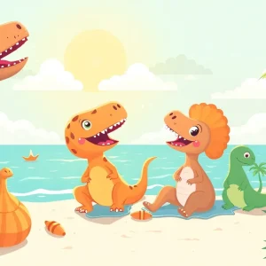 Whimsical Mesozoic creatures frolicking at the beach