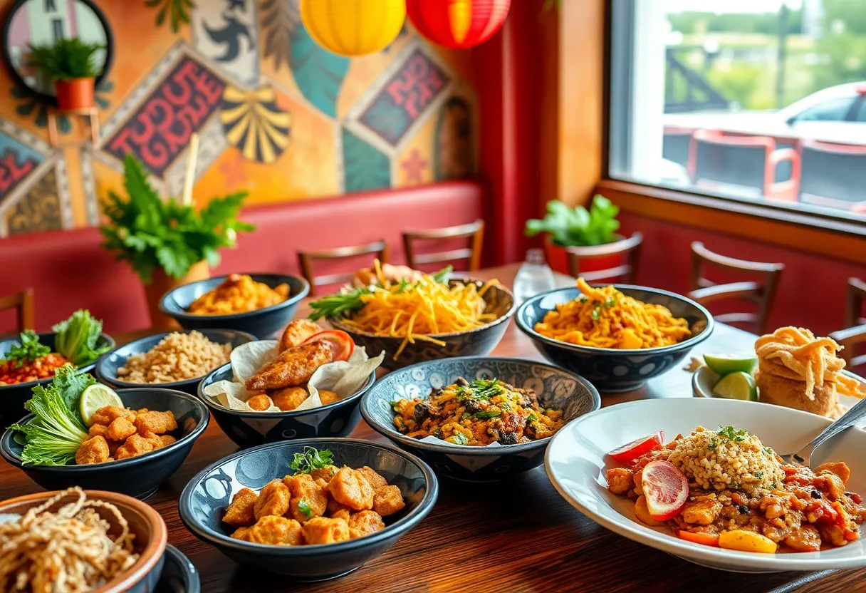 A variety of global dishes representing California's culinary diversity.