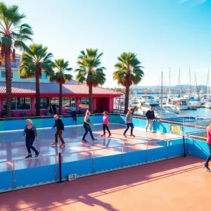 Outdoor roller skating rink in San Diego with skaters
