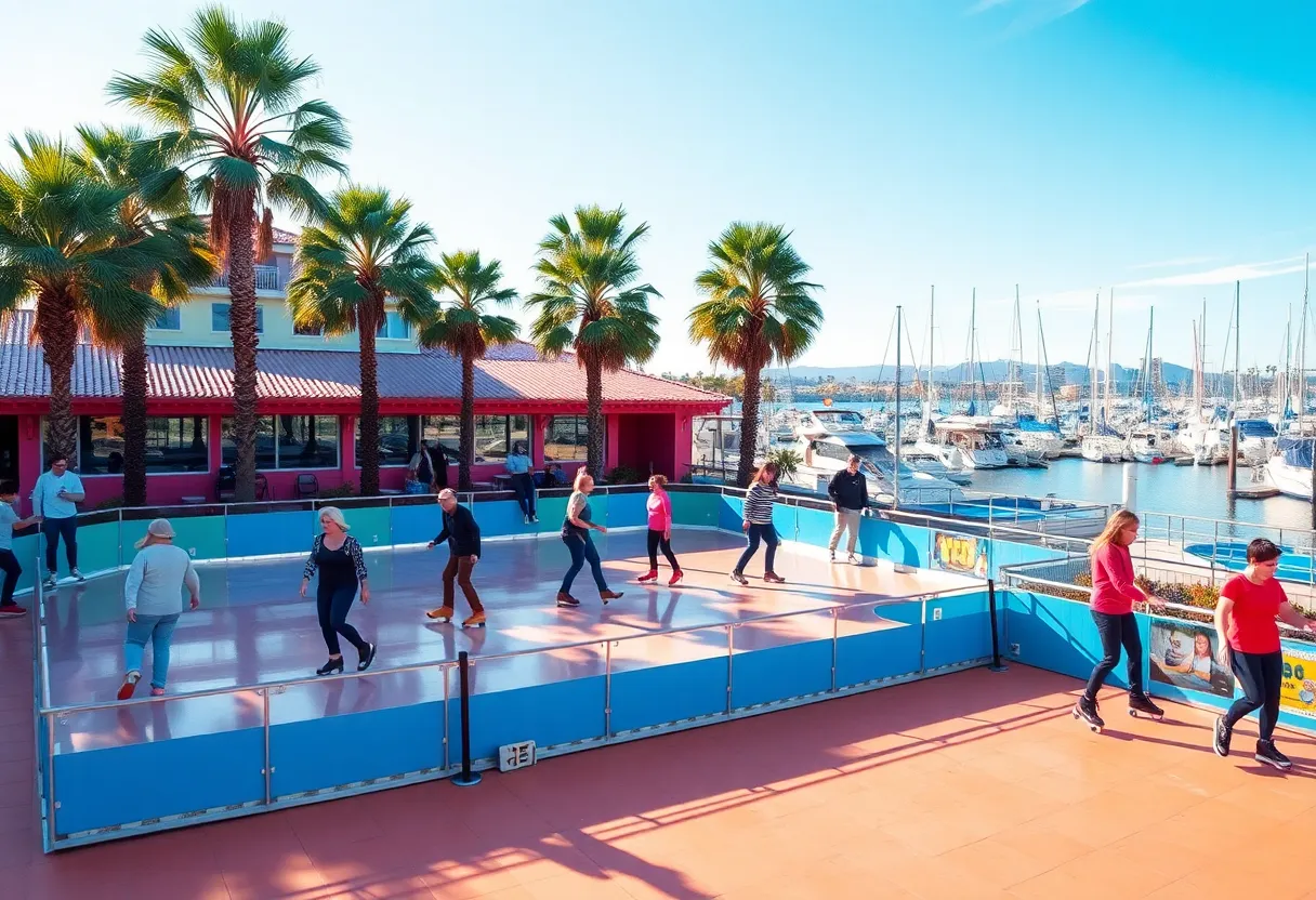 Outdoor roller skating rink in San Diego with skaters