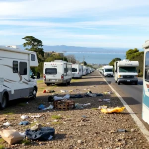 Recreational vehicles parked along East Mission Bay Drive with trash and debris in the environment.