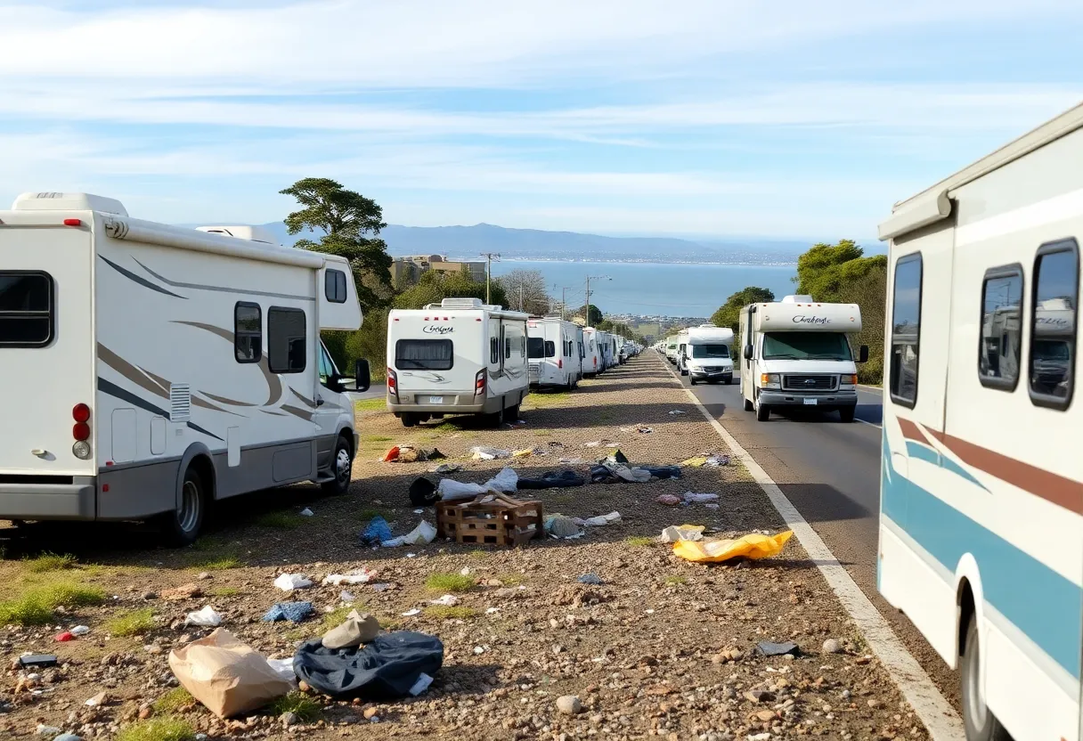 Recreational vehicles parked along East Mission Bay Drive with trash and debris in the environment.