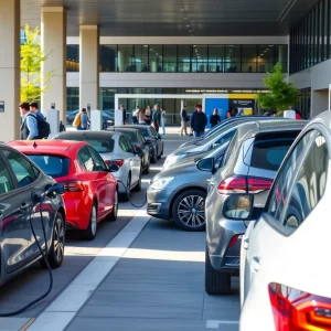 Electric vehicles being charged at a charging station in an urban area.