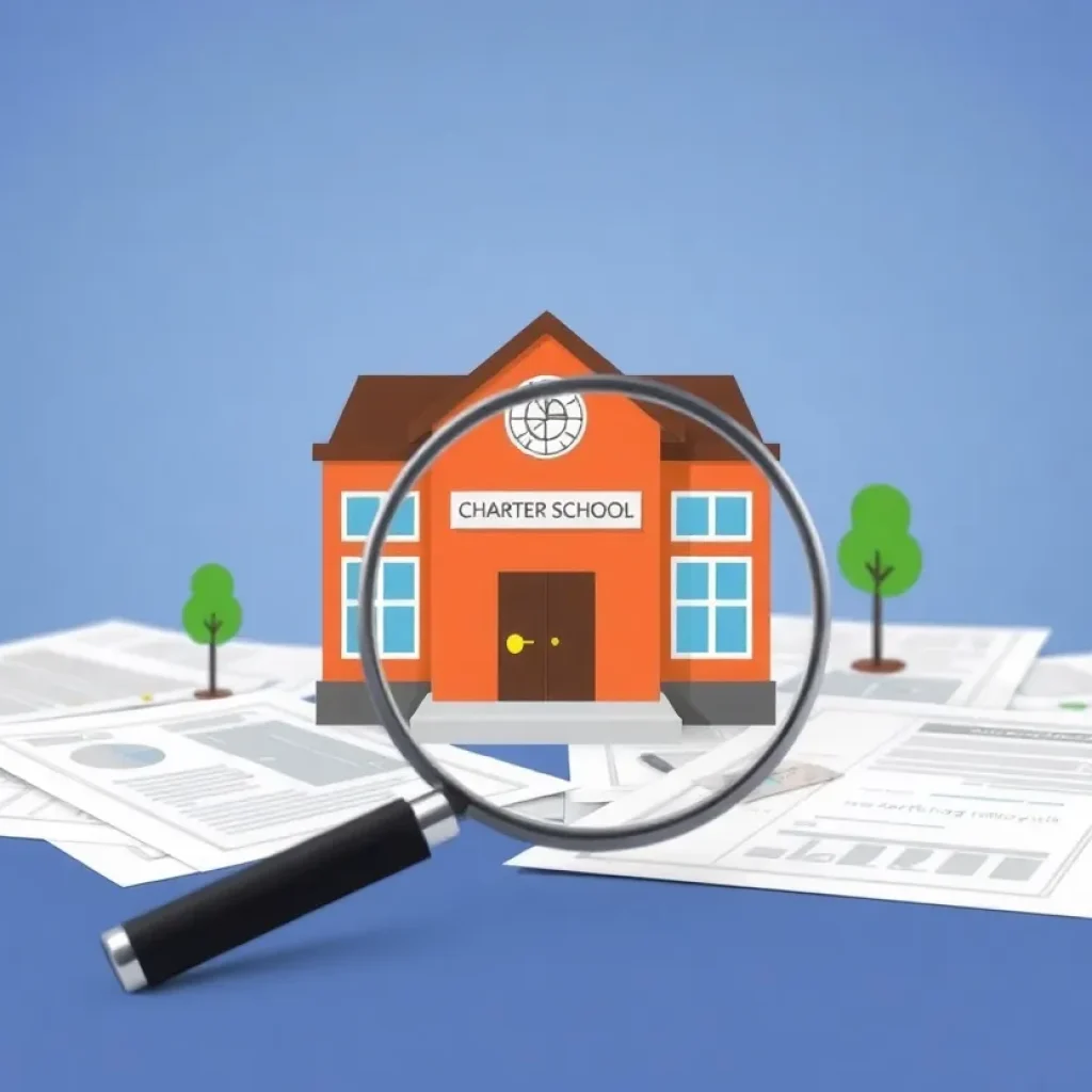 Conceptual image representing scrutiny in charter school financial practices.