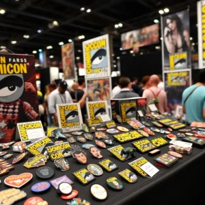Display of exclusive Comic-Con merchandise featuring enamel pins and art collectibles.