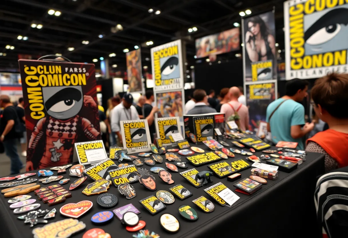 Display of exclusive Comic-Con merchandise featuring enamel pins and art collectibles.