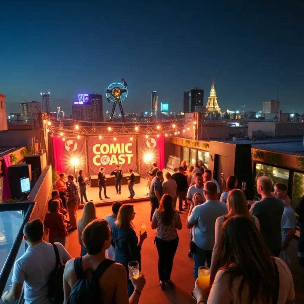Rooftop party scene at San Diego Comic-Con with fans enjoying entertainment.