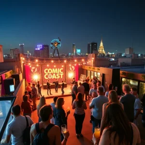 Rooftop party scene at San Diego Comic-Con with fans enjoying entertainment.