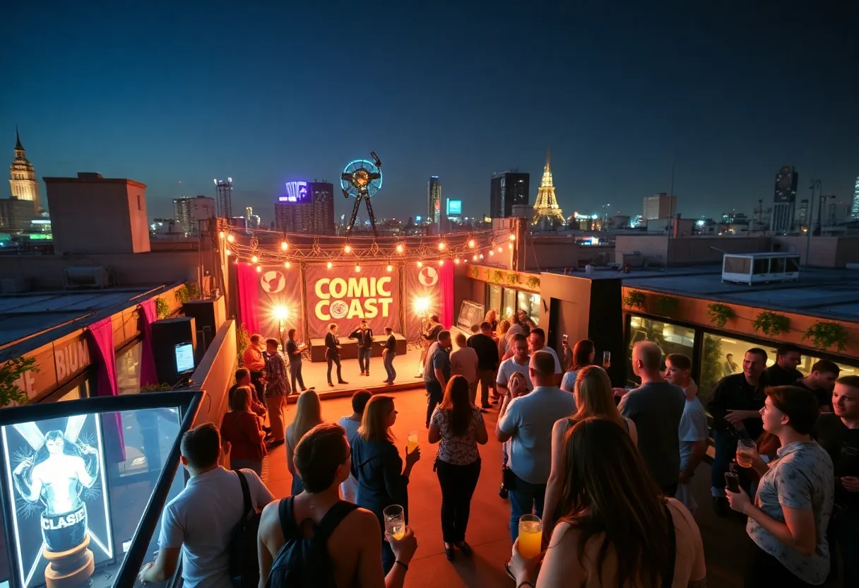 Rooftop party scene at San Diego Comic-Con with fans enjoying entertainment.