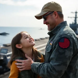 Father and daughter bonding aboard an aircraft carrier