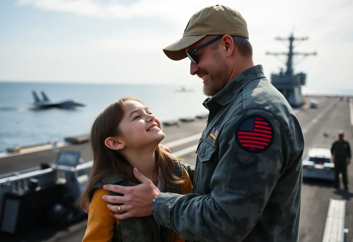 Father and daughter bonding aboard an aircraft carrier