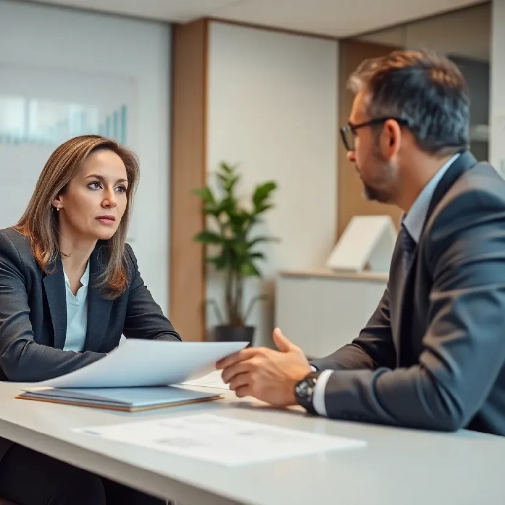 Financial advisor discussing strategies with clients in an office