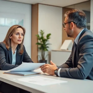 Financial advisor discussing strategies with clients in an office