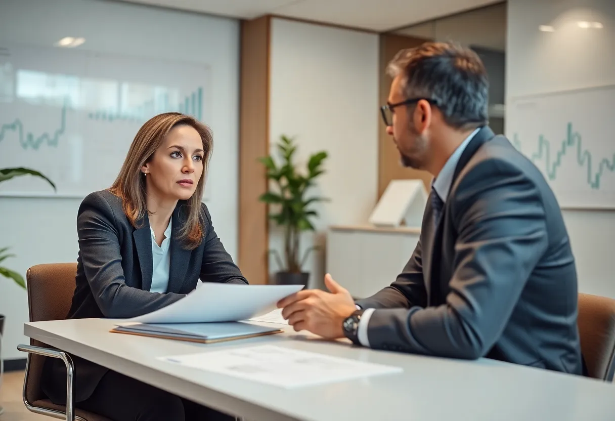 Financial advisor discussing strategies with clients in an office