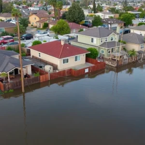 Neighborhood in San Diego affected by severe flooding, showing homes and debris.