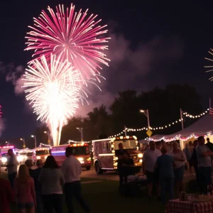 Crowd celebrating Fourth of July with fireworks.