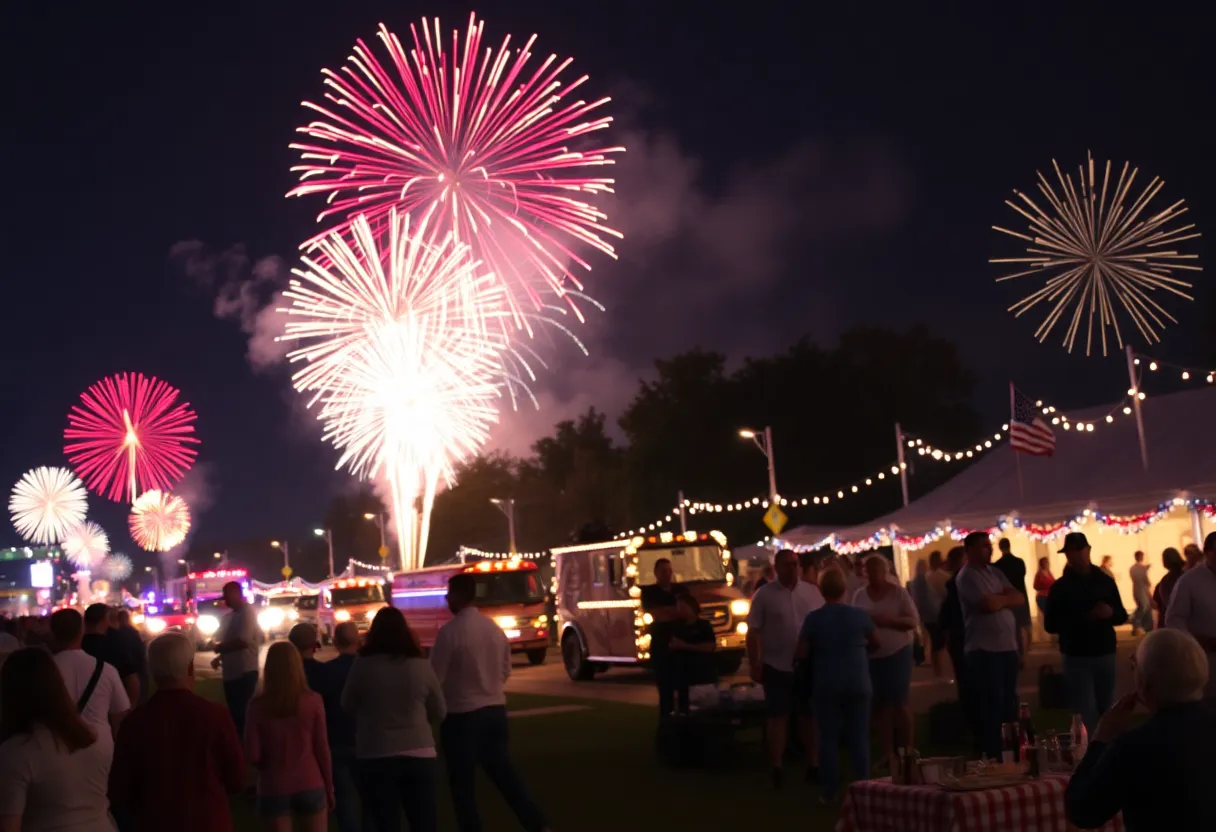 Crowd celebrating Fourth of July with fireworks.