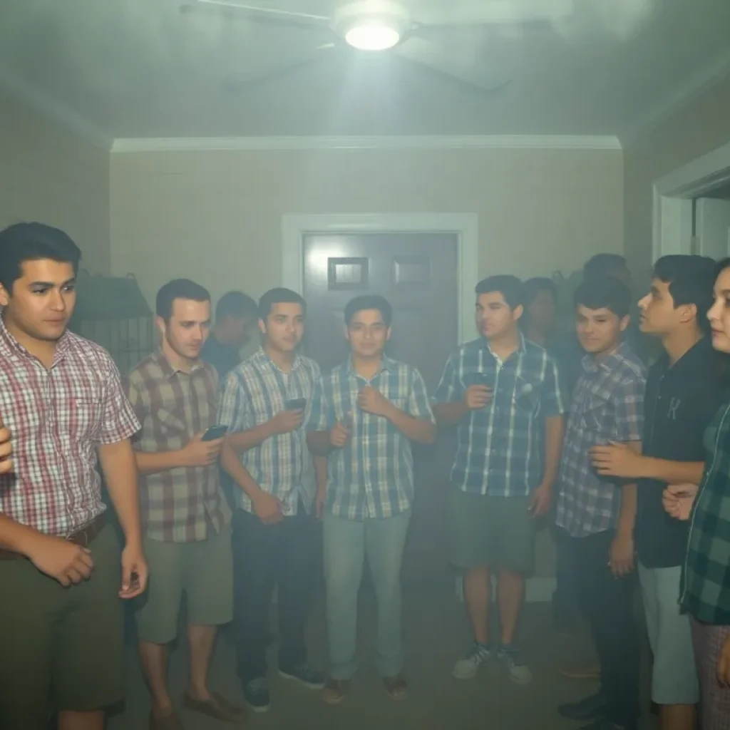 Group of students at a fraternity gathering with a worried demeanor.