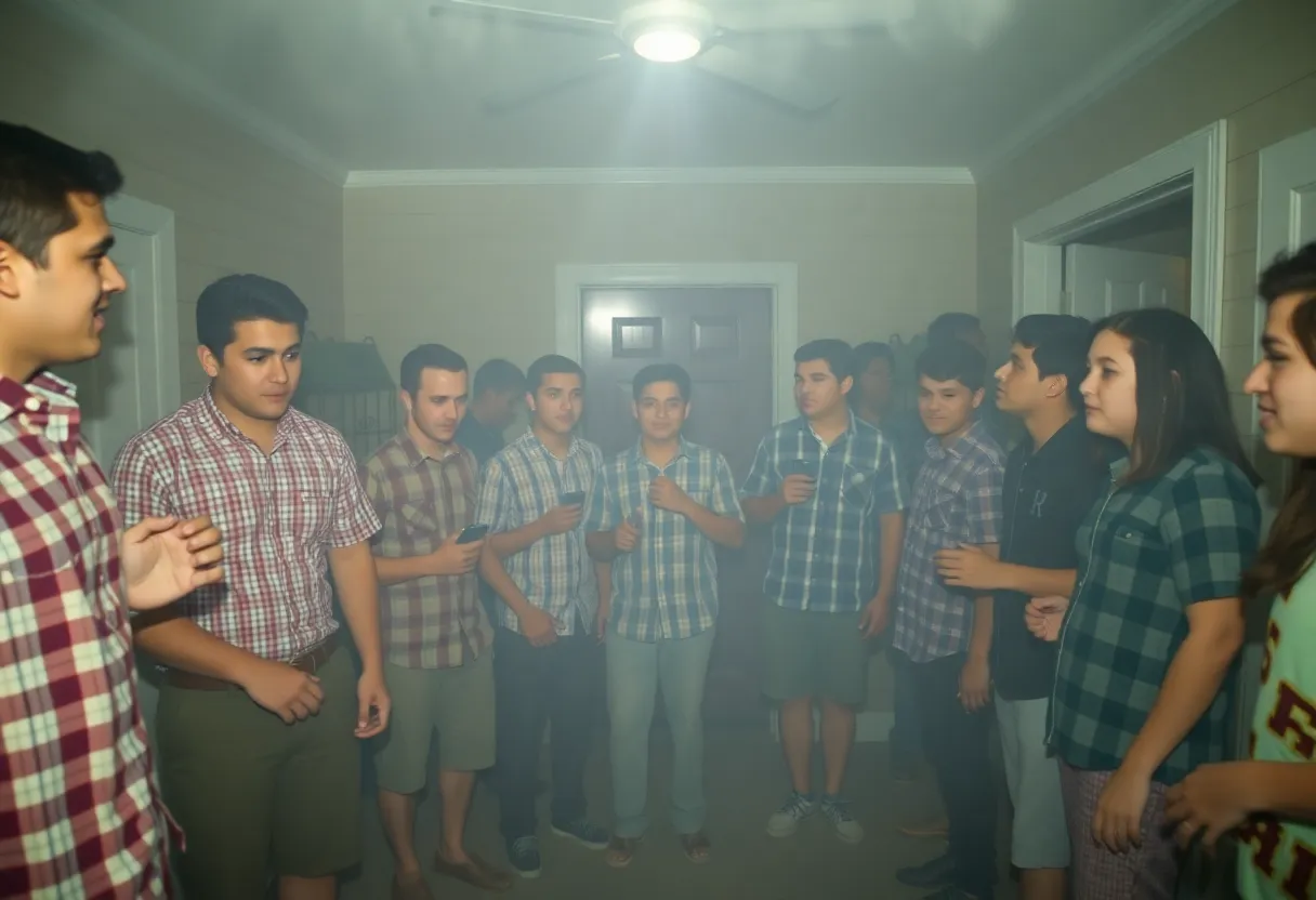 Group of students at a fraternity gathering with a worried demeanor.