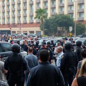 Federal agents detaining an individual in a hotel parking lot