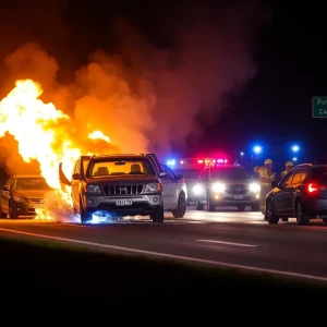 Multi-vehicle collision on Highway 15 with flames.