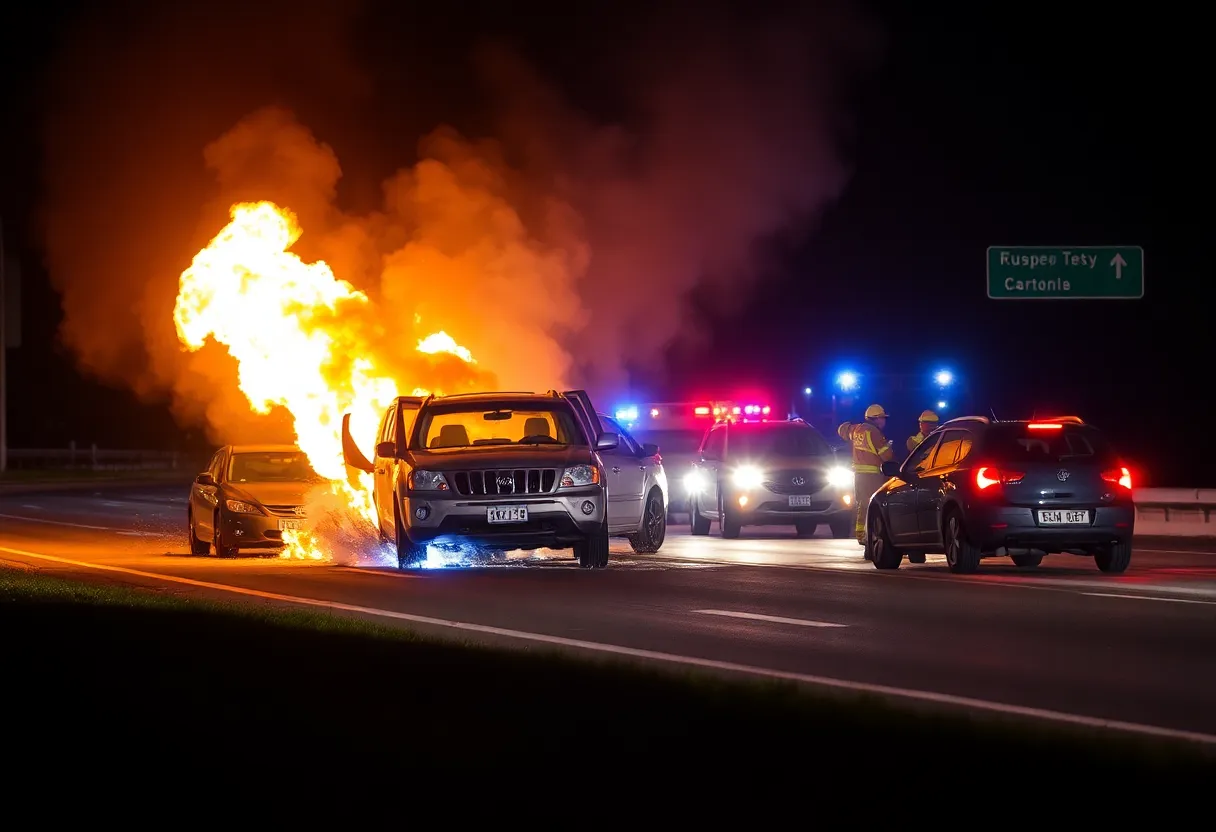 Multi-vehicle collision on Highway 15 with flames.