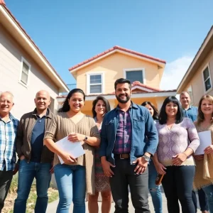 Group of diverse homeowners in San Diego celebrating relief after disaster recovery