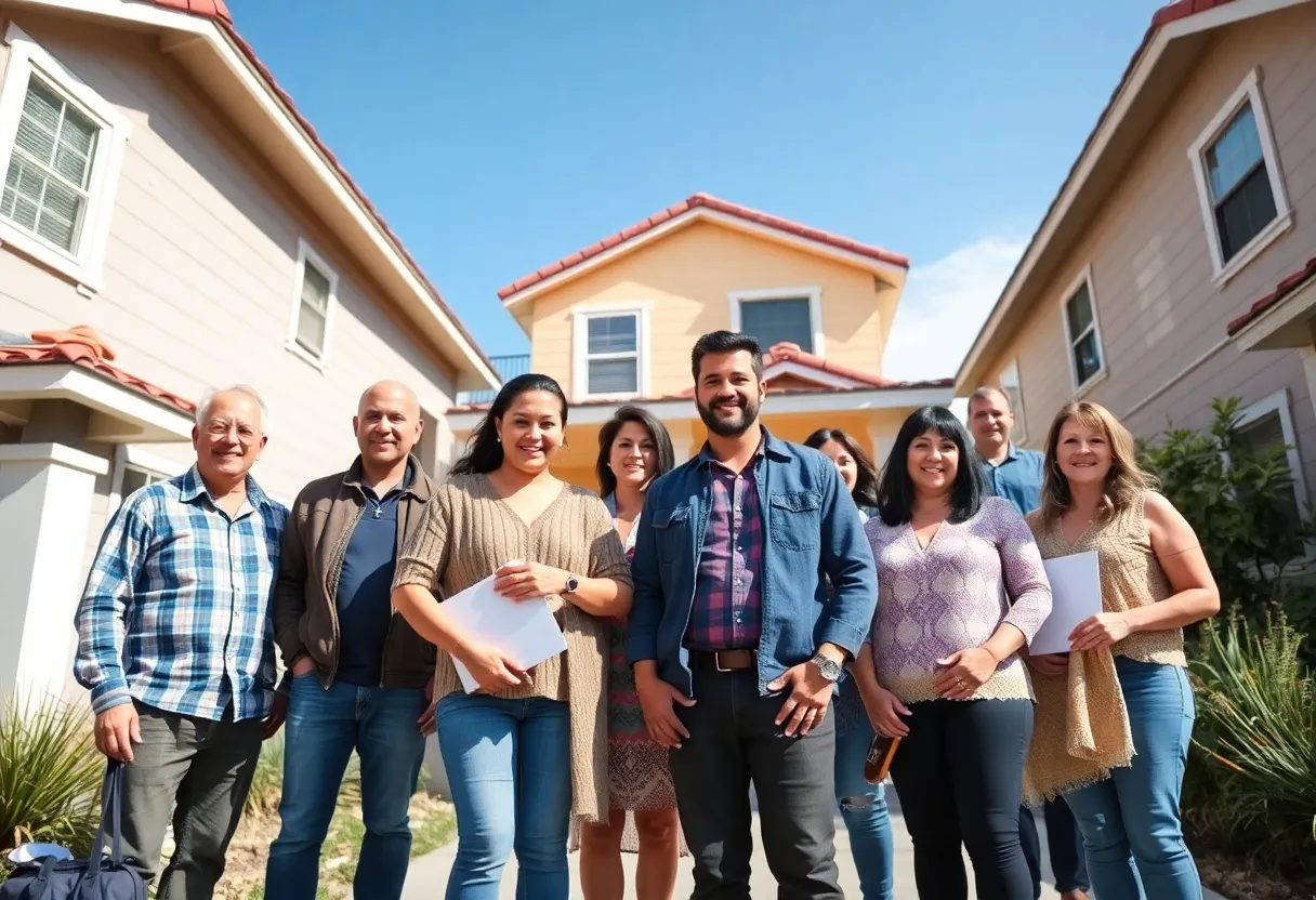 Group of diverse homeowners in San Diego celebrating relief after disaster recovery