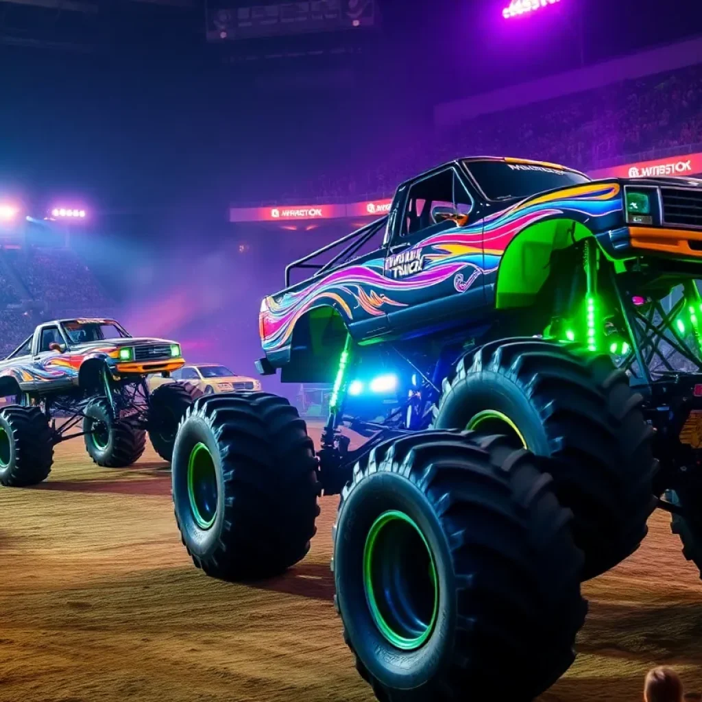 Monster trucks performing in a glow-in-the-dark environment