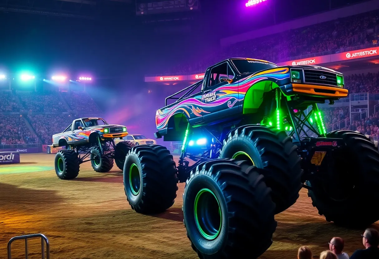Monster trucks performing in a glow-in-the-dark environment