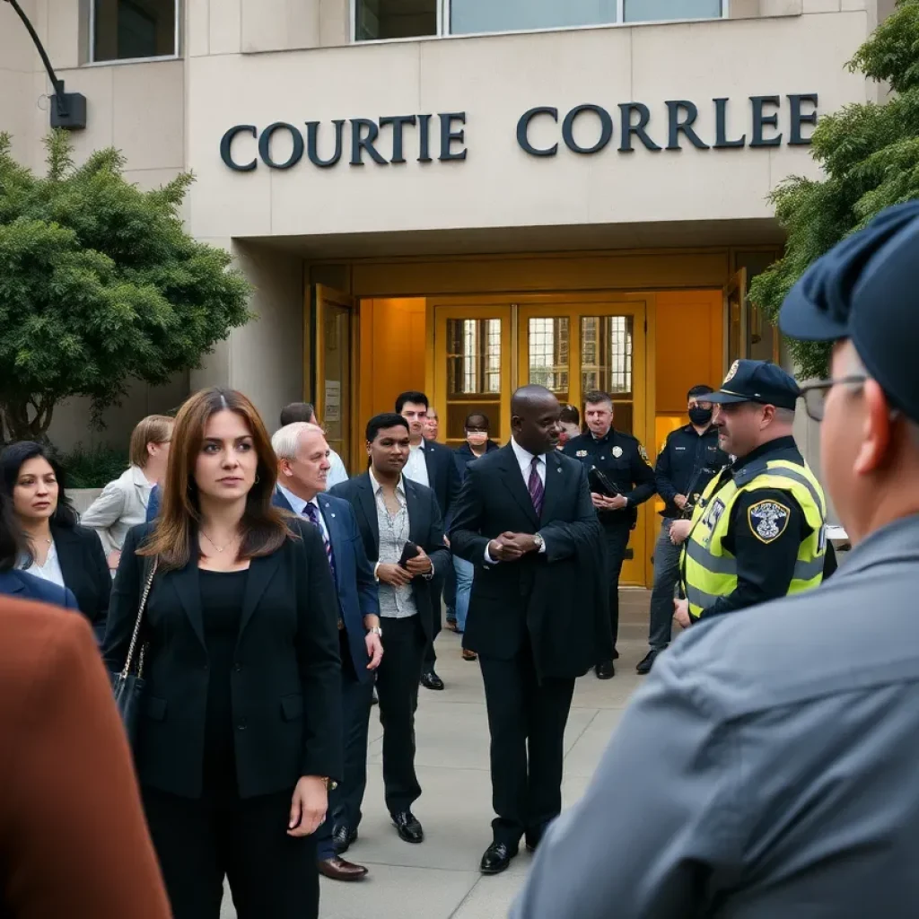 Scene depicting apprehensions outside a San Diego courthouse with law enforcement and concerned individuals