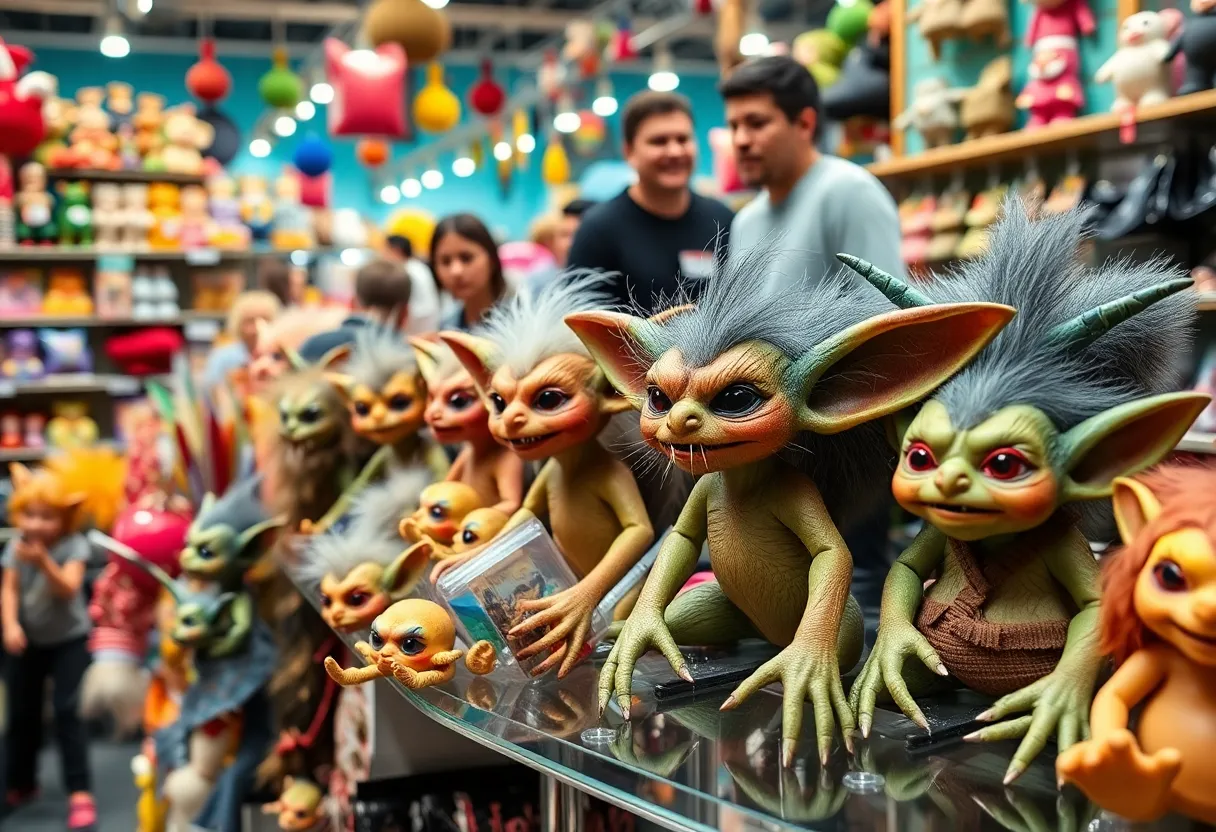 Vibrant display of collectible Labubu dolls in a store