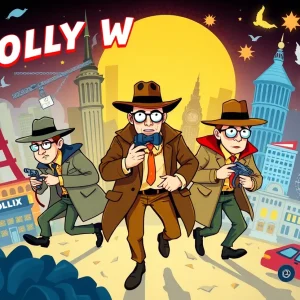 Illustration of three detectives in Hollywood-themed adventures