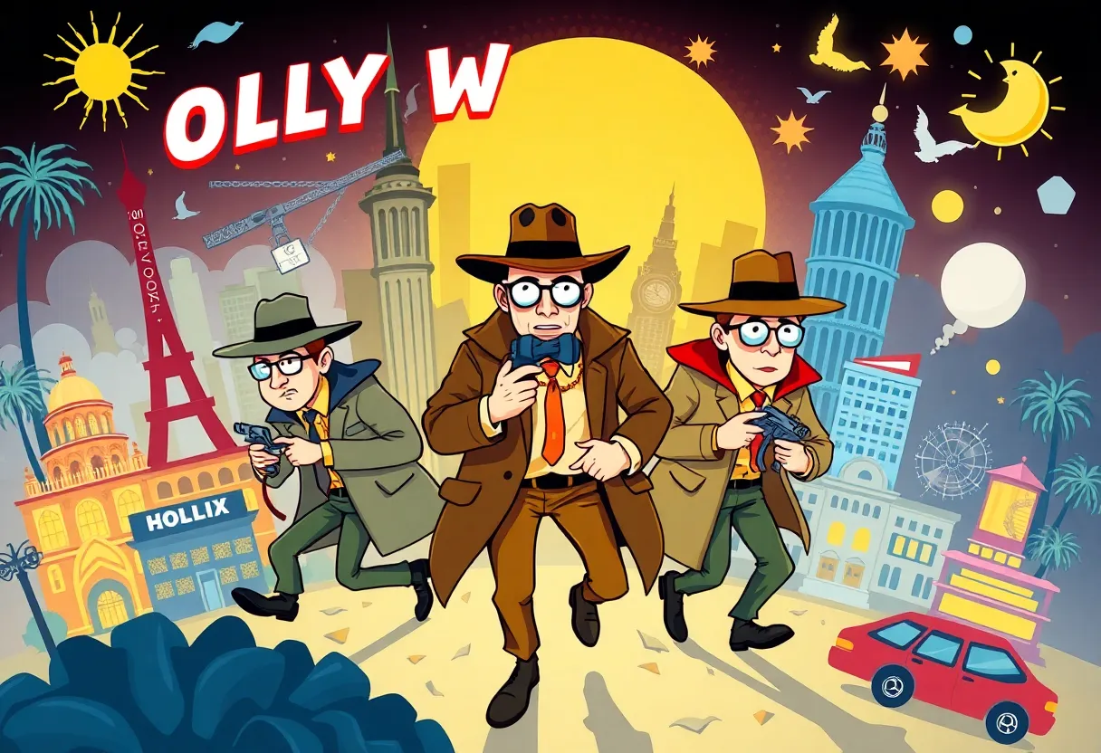 Illustration of three detectives in Hollywood-themed adventures