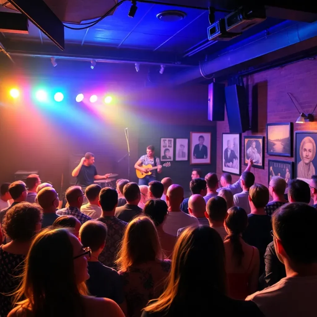 Local band Le Chateau performing at a benefit show with an audience enjoying the music.