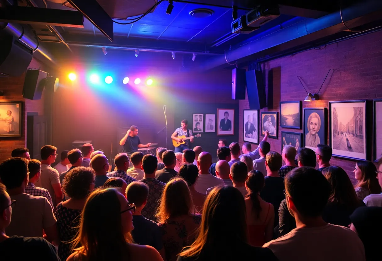 Local band Le Chateau performing at a benefit show with an audience enjoying the music.