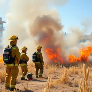Firefighters performing live fire training drills with smoke in the background.