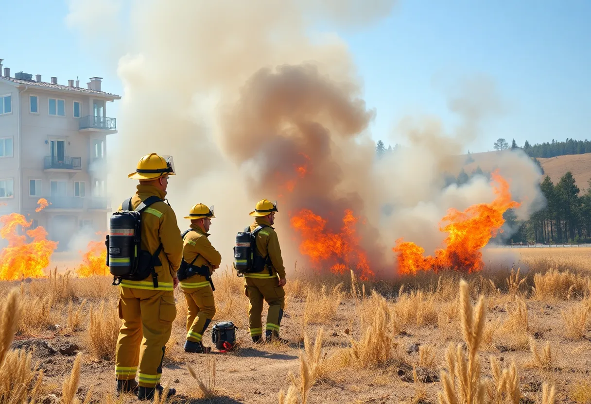 Firefighters performing live fire training drills with smoke in the background.