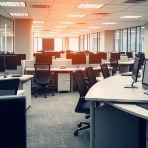 Empty desks in a corporate office representing layoffs at LPL Financial