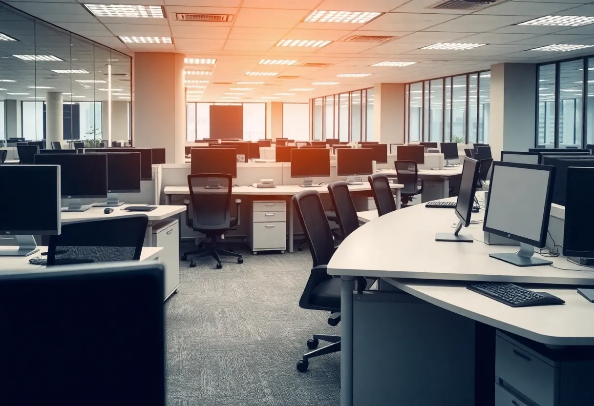 Empty desks in a corporate office representing layoffs at LPL Financial