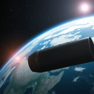 A capsule in orbit around Earth symbolizing a memorial space flight.