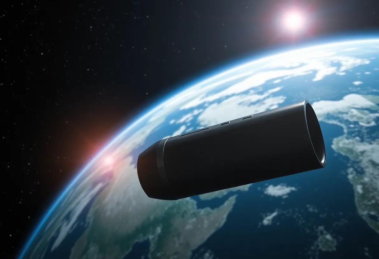 A capsule in orbit around Earth symbolizing a memorial space flight.