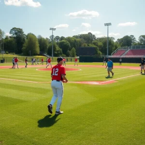Baseball field with players practicing for Mississippi State baseball