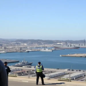 Overview of Naval Base San Diego with military vessels and security personnel