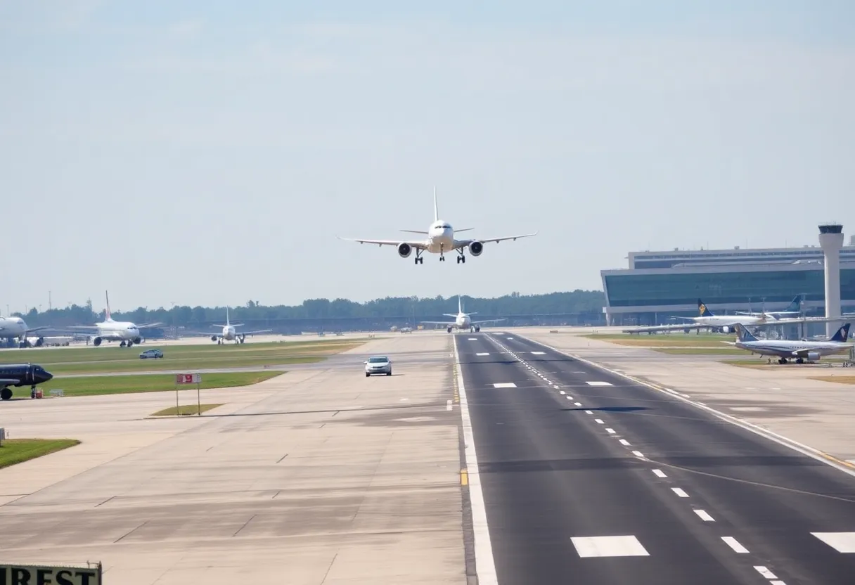 Runway at Newark Liberty International Airport with planes in action