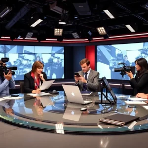 Journalists working together at a news desk