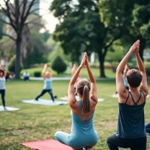 Participants practicing yoga in a San Diego park