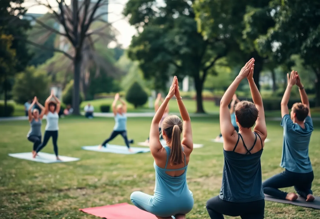 Participants practicing yoga in a San Diego park